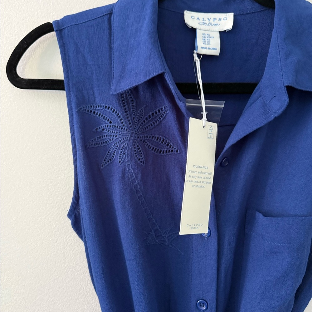 Calypso St. Barth Embroidered Blue Sleeveless Midi Shirt Dress - Picture 2 of 11